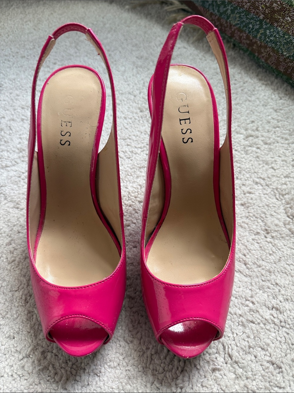 GUESS Hot Pink Patent Peep-Toe Slingback Heels